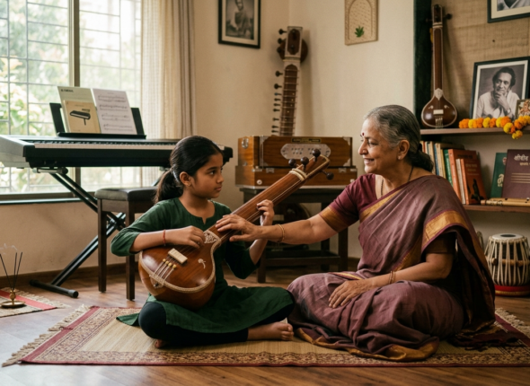 Kalaakul student review: learner receiving guidance in Hindustani vocal and piano classes