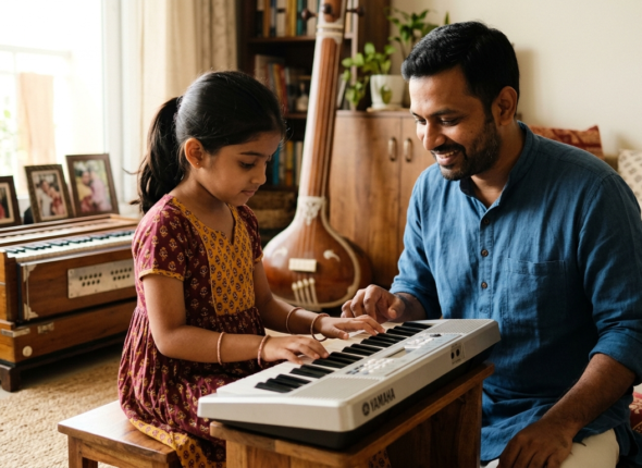 Child music education: parent guiding a young learner playing a keyboard at home